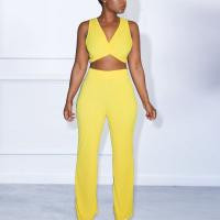 Polyester Women Casual Set & two piece Long Trousers & tank top patchwork Solid yellow Set