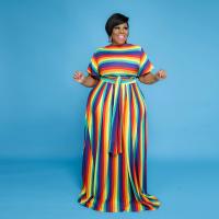 Polyester Plus Size Women Casual Set & two piece Long Trousers & short sleeve blouses printed striped multi-colored Set