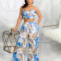 Polyester Women Casual Set & two piece Long Trousers & camis printed blue Set