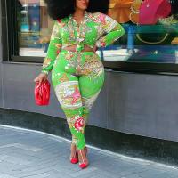 Polyester Plus Size Women Casual Set & two piece Long Trousers & long sleeve shirt printed green Set