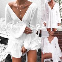 Polyester Waist-controlled & High Waist One-piece Dress deep V patchwork Solid white PC