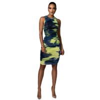 Polyester Waist-controlled & High Waist Sexy Package Hip Dresses printed Solid green PC
