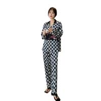 Polyester Women Pajama Set & loose printed plaid black Set