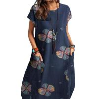 Cotton Linen Plus Size One-piece Dress & with pocket printed floral PC