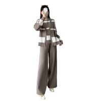 Acrylic Women Casual Set autumn and winter design & three piece & loose Long Trousers & top & coat jacquard striped Set
