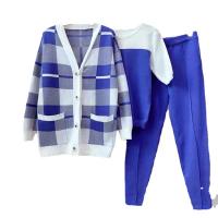 Acrylic Women Casual Set autumn and winter design & three piece & loose Long Trousers & top & coat plaid Set