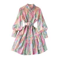 Mixed Fabric Waist-controlled & Pleated One-piece Dress slimming printed floral pink PC