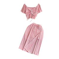 Polyester Waist-controlled & High Waist Two-Piece Dress Set slimming & side slit striped : Set