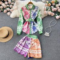 Mixed Fabric Waist-controlled & High Waist Women Casual Set slimming & two piece short pants & top printed floral mixed colors Set