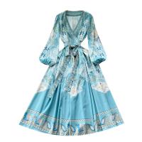 Mixed Fabric Waist-controlled One-piece Dress large hem design & slimming & deep V printed floral blue PC