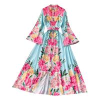Mixed Fabric Waist-controlled One-piece Dress large hem design & slimming printed floral PC