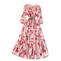 Mixed Fabric Waist-controlled One-piece Dress large hem design & slimming printed floral pink PC