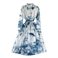 Mixed Fabric Waist-controlled One-piece Dress large hem design & mid-long style & slimming printed blue PC