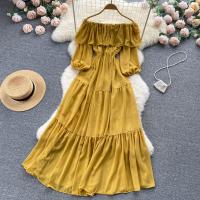Chiffon Waist-controlled One-piece Dress slimming & off shoulder Solid : PC