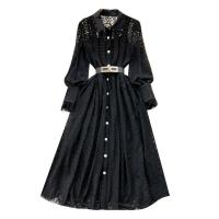 Polyester Waist-controlled One-piece Dress slimming & hollow printed Solid black PC