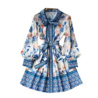 Cashmere Waist-controlled One-piece Dress slimming printed floral blue PC