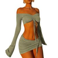 Polyester Waist-controlled & Slim Two-Piece Dress Set midriff-baring & backless & two piece & off shoulder patchwork Solid green Set