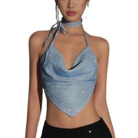 Polyester Slim Tank Top midriff-baring & backless & off shoulder patchwork Solid blue PC