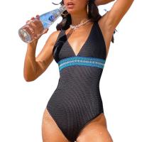 Polyester One-piece Swimsuit deep V & skinny style patchwork black PC