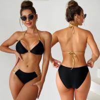 Polyester Bikini backless & two piece & hollow Solid black Set
