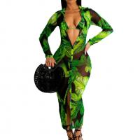 Polyester Bikini see through look & three piece printed leaf pattern Set