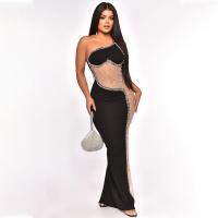 Polyester Slim One-piece Dress see through look & off shoulder iron-on Solid PC