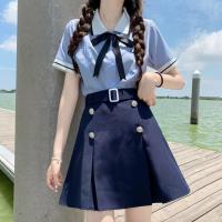 Polyester Women Sailor Suit with neckerchief & two piece Solid blue Set