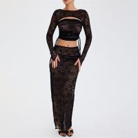 Polyester Slim Two-Piece Dress Set see through look & two piece patchwork Solid black Set
