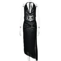 Polyester Waist-controlled & Slim & High Waist One-piece Dress deep V & side slit & backless & off shoulder patchwork Solid black PC