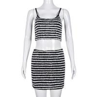Knitted Sheath Two-Piece Dress Set midriff-baring & two piece & off shoulder striped white and black Set