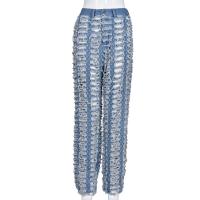 Denim Ripped & Middle Waist Women Long Trousers & loose Solid blue PC