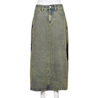 Denim Skirt mid-long style & side slit & loose washed Solid green PC