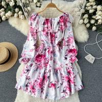 Mixed Fabric Waist-controlled One-piece Dress slimming & breathable printed floral purple PC