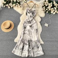 Mixed Fabric Waist-controlled & long style One-piece Dress slimming & breathable printed white PC