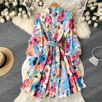 Mixed Fabric Waist-controlled One-piece Dress slimming & breathable printed floral PC