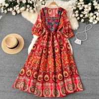 Mixed Fabric Waist-controlled & long style One-piece Dress slimming & breathable Mixed Fabric printed peacock feather pattern PC