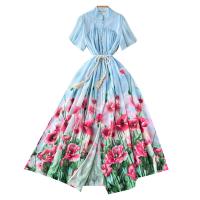 Mixed Fabric Waist-controlled One-piece Dress slimming & breathable printed floral blue PC