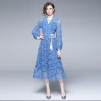 Mixed Fabric Waist-controlled & long style One-piece Dress slimming & breathable crochet floral blue PC