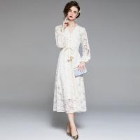 Polyester Waist-controlled One-piece Dress slimming & breathable embroider wave pattern white PC