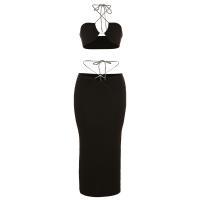 Polyester Two-Piece Dress Set patchwork Solid black PC