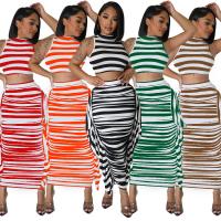 Polyester Two-Piece Dress Set midriff-baring & two piece patchwork striped Set