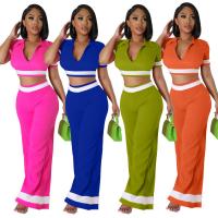 Polyester Women Casual Set midriff-baring & two piece Pants & top patchwork Solid Set