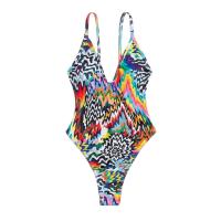 Polyester High Waist One-piece Swimsuit deep V patchwork multi-colored PC