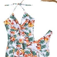 Polyester High Waist One-piece Swimsuit deep V & two piece Polyester printed floral multi-colored Set