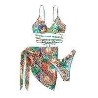 Polyester High Waist Bikini deep V & backless & three piece & off shoulder printed multi-colored Set