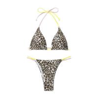 Polyester High Waist Bikini deep V & backless & two piece & off shoulder printed leopard Set