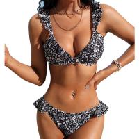 Polyester High Waist Bikini deep V & backless & two piece & off shoulder printed shivering black Set