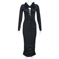 Milk Fiber Slim & With Siamese Cap Sexy Package Hip Dresses & hollow Solid black PC