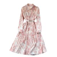 Mixed Fabric Waist-controlled One-piece Dress large hem design & mid-long style & slimming printed pink PC
