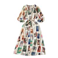 Mixed Fabric Waist-controlled One-piece Dress large hem design & mid-long style & slimming printed mixed colors PC